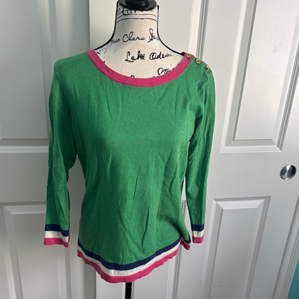 Lilly Pulitzer Green Crew Neck Sweater with Pink Trim